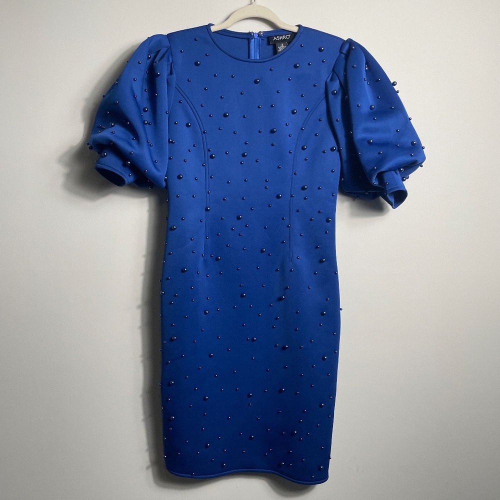 ASHRO - Astro Blue Puff Sleeve Bodycon Midi,‎ Elegant Blue Pearls, Sz 6